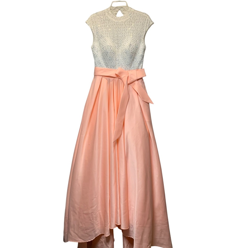 Angela & Alison Gown Women 8 White Peach Good Lace Sequin Open Back Formal Dress